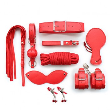 Black/Red Leather SM Bondage Kit 8 Pcs/Set