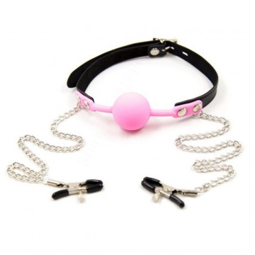 40mm Mouth Ball Gag with Nipple Clamps and Lock